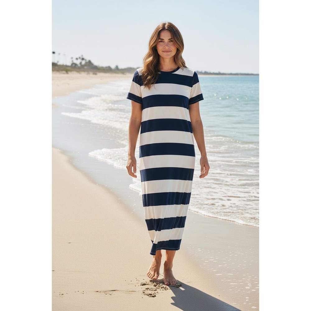 J.Crew Womens Navy White Striped Short Sleeve T-Shirt Maxi Dress Size M NEW